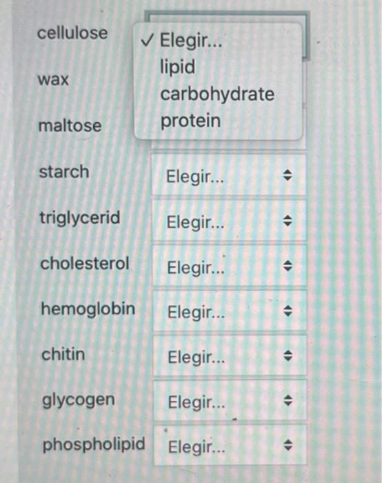 Solved cellulose wax Elegir... lipid carbohydrate protein
