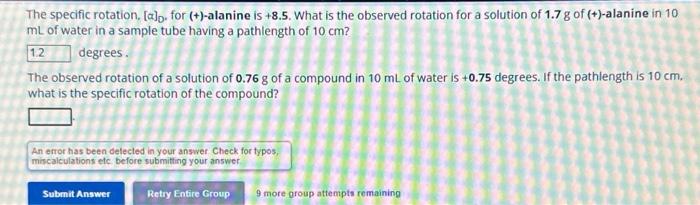 Solved The specific rotation, [α]D, for (+)-alanine is +8.5 | Chegg.com