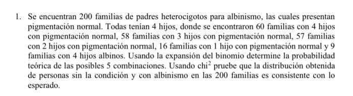 1. Se encuentran 200 familias de padres heterocigotos para albinismo, las cuales presentan pigmentación normal. Todas tenían