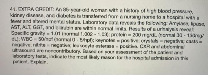 41. EXTRA CREDIT: An 85-year-old woman with a history of high blood pressure, kidney disease, and diabetes is transferred fro