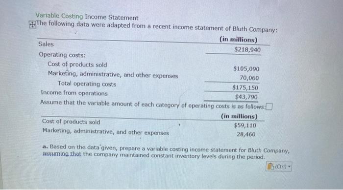 Solved Variable Costing Income Statement The following data | Chegg.com