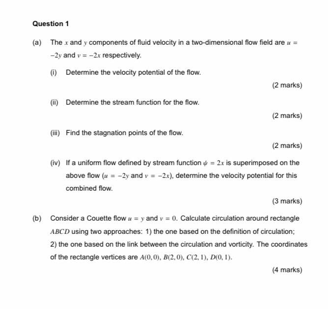 Solved Question 1 A The X And Y Components Of Fluid Vel Chegg Com