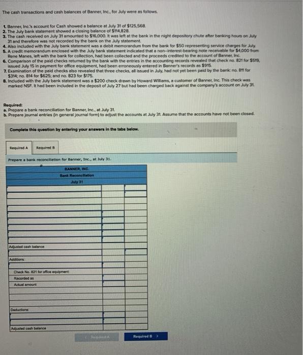 Solved The cash transactions and cash balances of Banner Chegg