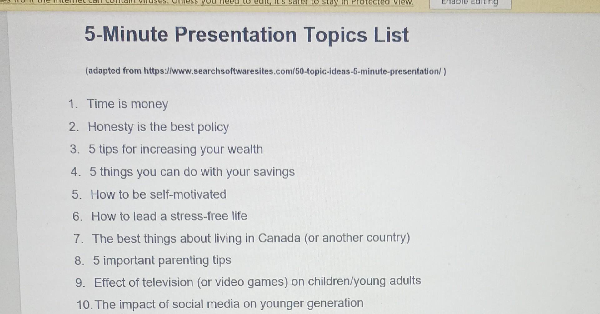 3 minute presentation topics