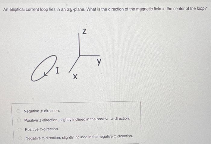 An elliptical current loop lies in an \( x y \)-plane. What is the direction of the magnetic field in the center of the loop?