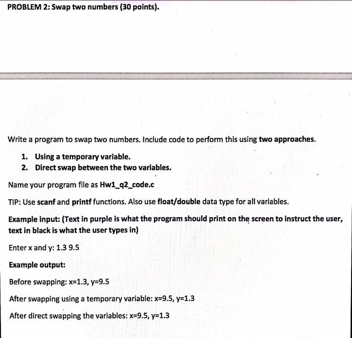 Solved PROBLEM Swap Two Numbers Points Write A Chegg Com