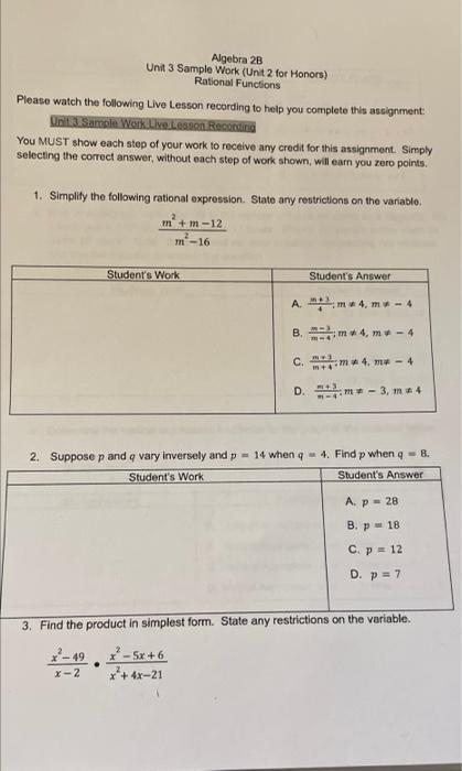 algebra 2 unit 3 lesson 2 homework