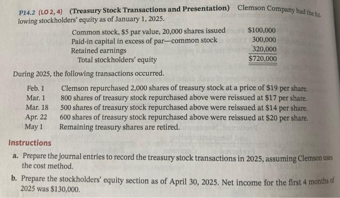 Solved Feb. 1 Clemson repurchased 2,000 shares of treasury | Chegg.com