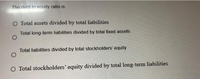 solved-the-debt-to-equity-ratio-is-o-total-assets-divided-chegg