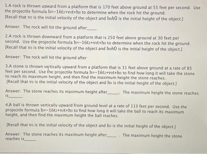 Solved 1.A rock is thrown upward from a platform that is 170 | Chegg.com