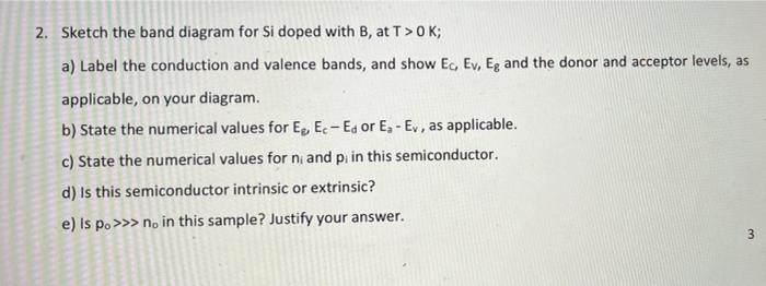 Solved 2. Sketch the band diagram for Si doped with B, at | Chegg.com