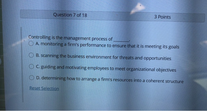 Solved Question 7 of 18 3 Points Controlling is the | Chegg.com