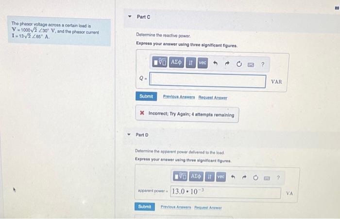 Solved The phasor voltage across a certain load is | Chegg.com
