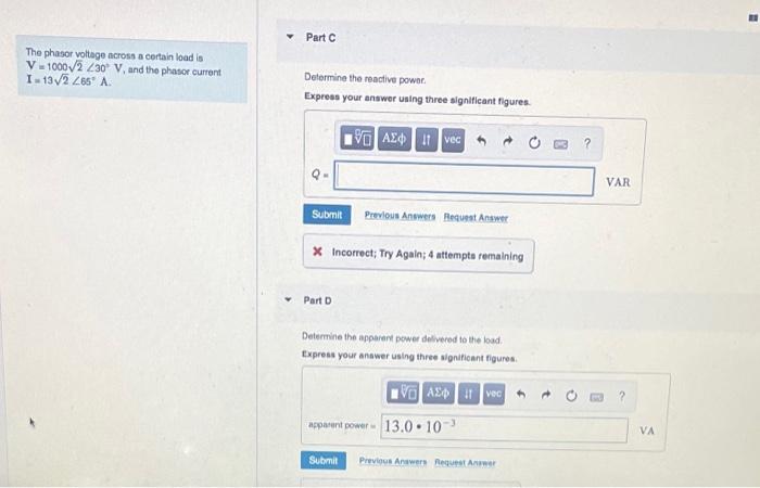 Solved The Phasor Voltage Across A Certain Load Is | Chegg.com