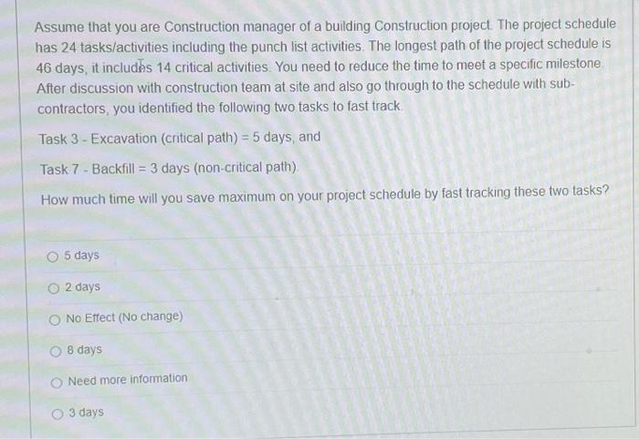 Solved Assume that you are Construction manager of a | Chegg.com