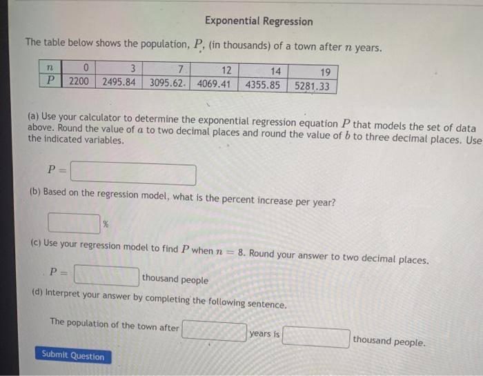 Solved Exponential Regression The table below shows the | Chegg.com