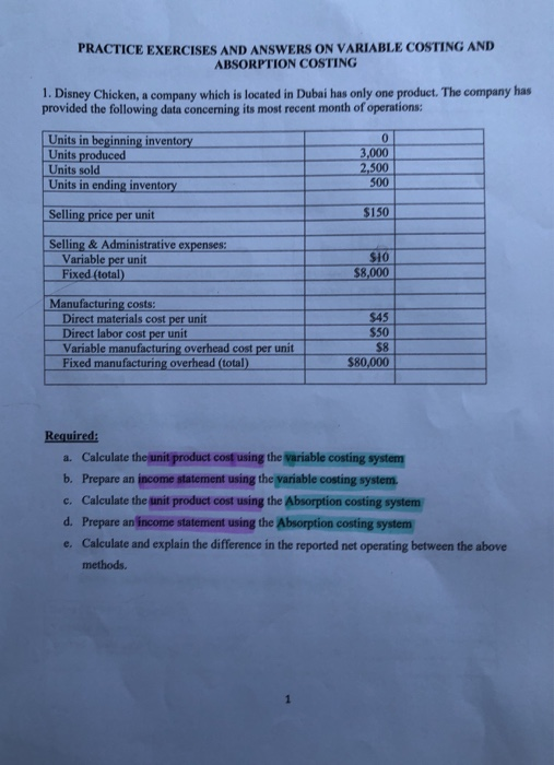 Solved Practice Exercises And Answers On Variable Costing Chegg Com