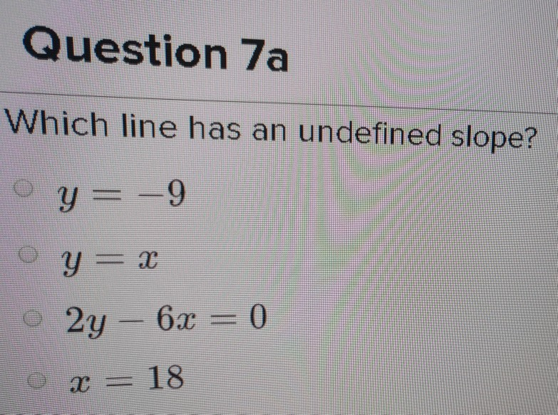 Solved Question 7a Which line has an undefined slope? o y = | Chegg.com