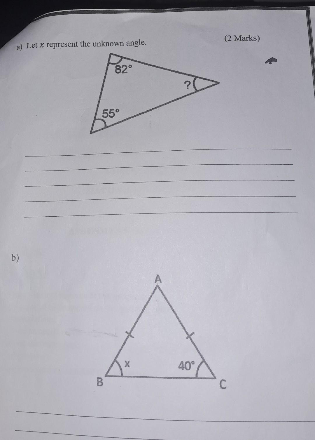 Solved a) Let x represent the unknown angle. | Chegg.com