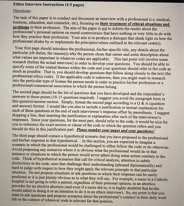 Ethics Interview Instructions (4-5 pages) Directions: | Chegg.com