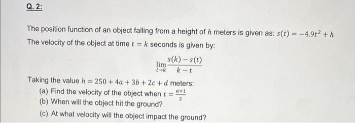Solved The position function of an object falling from a | Chegg.com