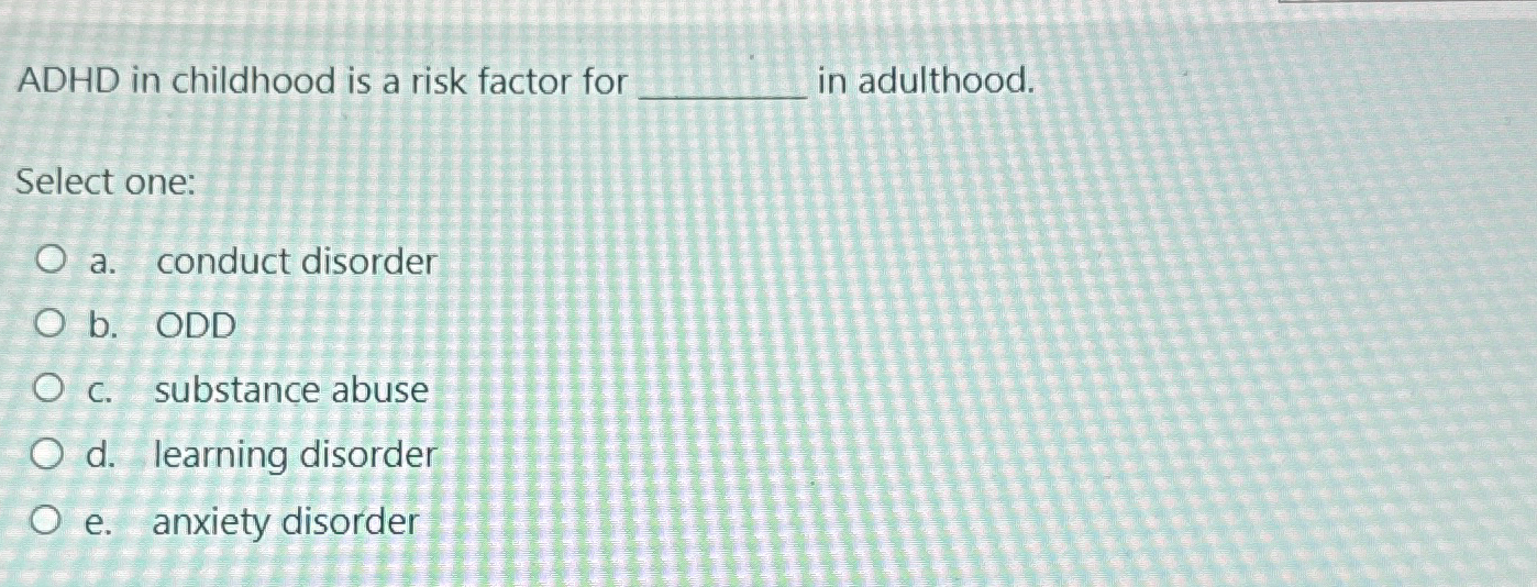 Solved ADHD in childhood is a risk factor for ﻿in | Chegg.com