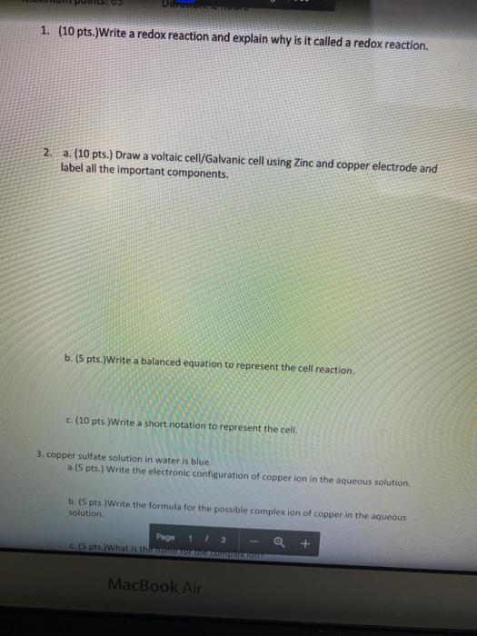 Solved 1. (10 pts.)Write a redox reaction and explain why is | Chegg.com