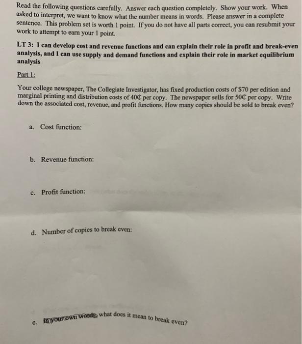 Solved Read the following questions carefully. Answer each | Chegg.com