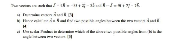 Solved Two vectors are such that A+2B=−3 ^+2 ^−2k^ and | Chegg.com