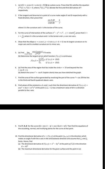 Solved 1. Let r(t) = a costi + asin tj + f(e)k be a plane | Chegg.com