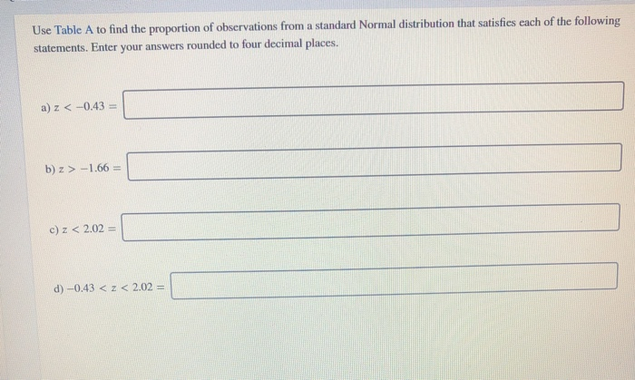 Solved Use Table A to find the proportion of observations | Chegg.com