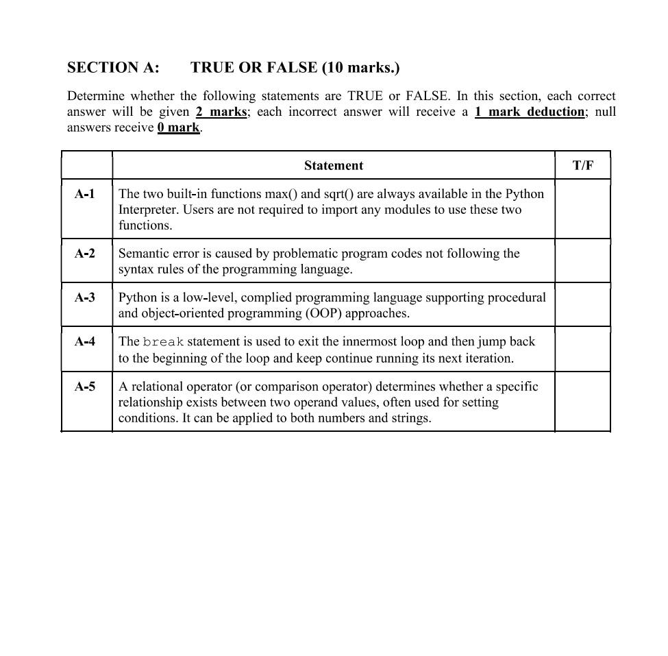 Solved SECTION A: TRUE OR FALSE (10 marks.) Determine | Chegg.com