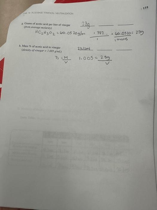 B. Acetic Acid Content of Vinegar 1. Write the