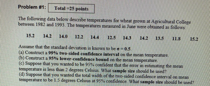 Solved Problem #1: Total =25 points The following data below | Chegg.com