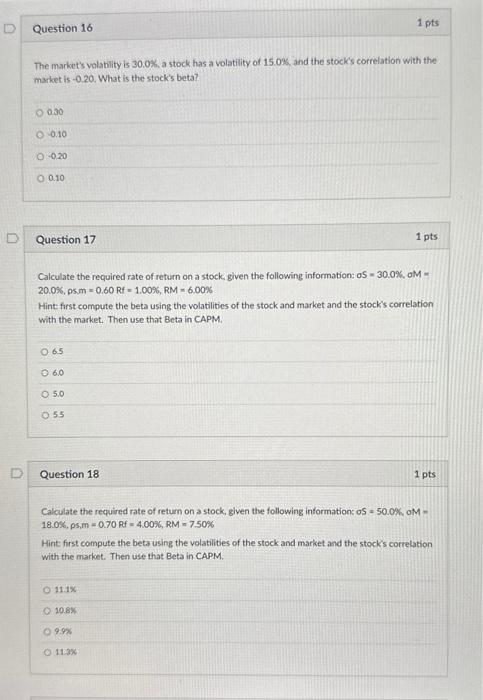 Solved The market's volatility is 30.0%, a stock has a | Chegg.com