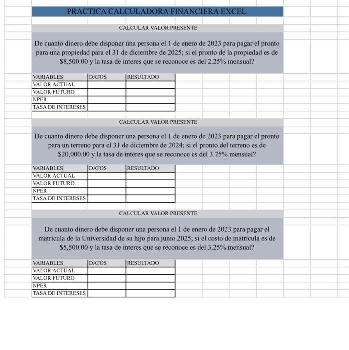 De cuanto dinero debe disponer una persona el 1 de enero de 2023 para pagar el pronto para una propiedad para el 31 de diciem