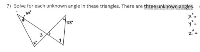 Solved 7) Solve for each unknown angle in these triangles. | Chegg.com