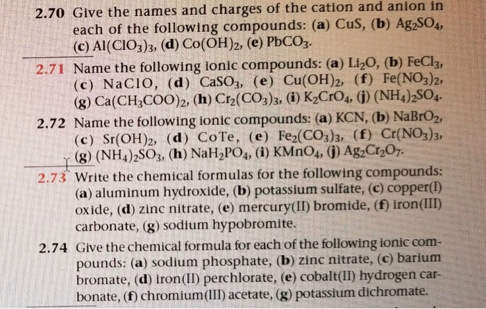 Solved 2.70 Give the names and charges of the cation and Chegg