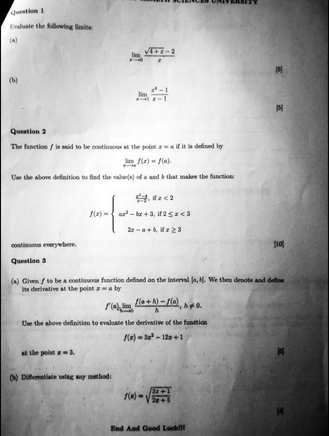 Solved Question 1 Evaluate The Following Limits: √4+1-2 Lim | Chegg.com