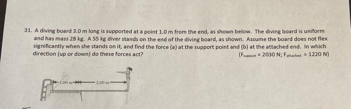 Solved 31. A diving board 3.0 m long is supported at a point | Chegg.com