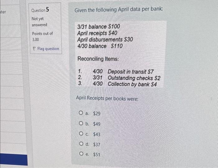 Solved Given the following April data per bank: 3/31 balance | Chegg.com