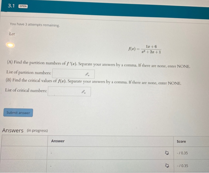 Solved 3.1 OPEN You have 3 attempts remaining. Let f(x) 1ac | Chegg.com