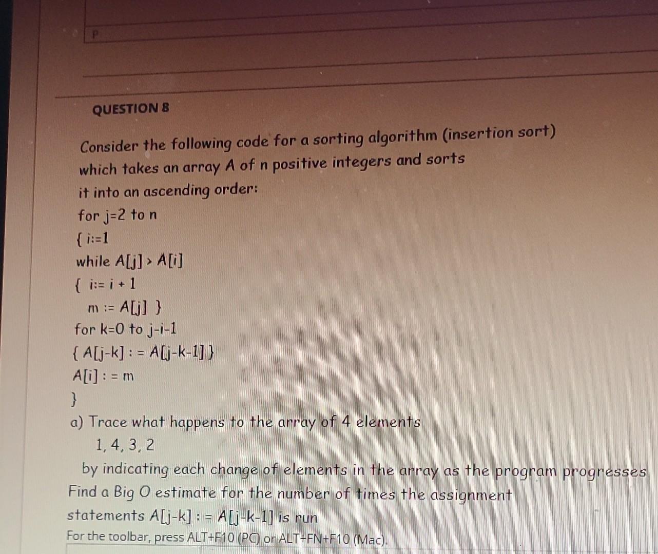 Solved Consider The Following Code For A Sorting Algorithm | Chegg.com