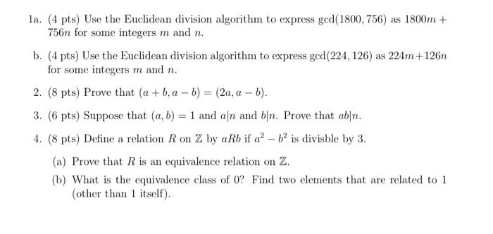 Solved 1a 4 Pts Use The Euclidean Division Algorithm To