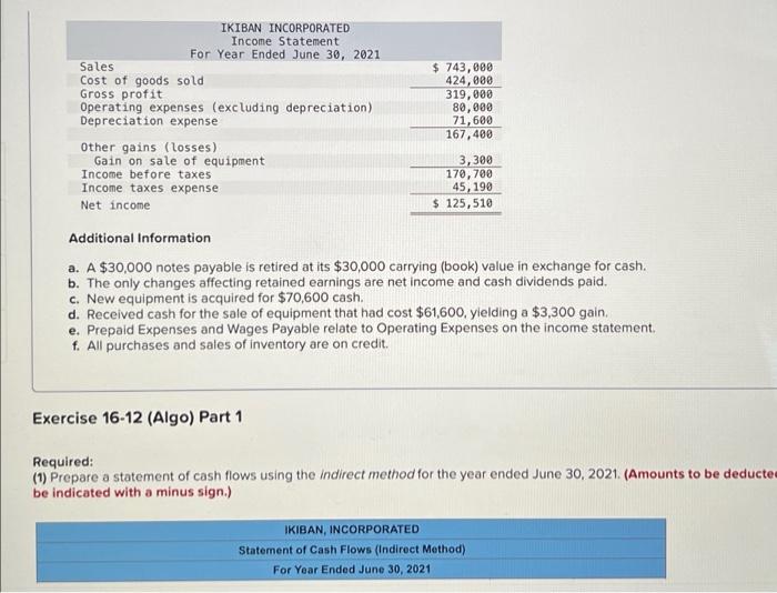 Solved Exercise 16-12 (Algo) Indirect: Preparing statement | Chegg.com