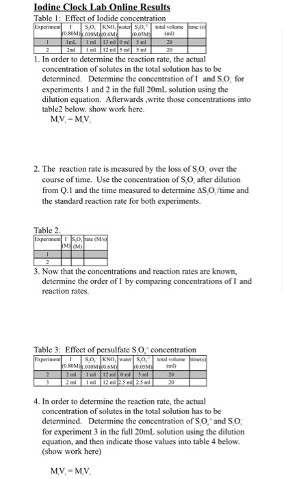 Solved Iodine Clock Lab Online Results Table 1: Effect of | Chegg.com