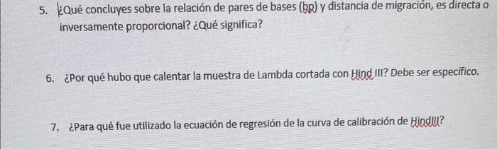 ¿Qué concluyes sobre la relación de pares de bases (bp) y distancia de migración, es directa o inversamente proporcional? ¿Qu