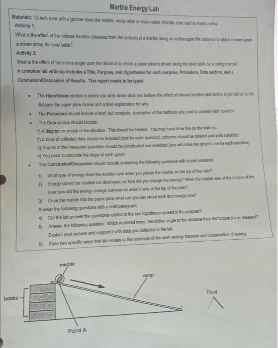 Solved Marble Energy Lab Iaterials 12 inch ruler with a
