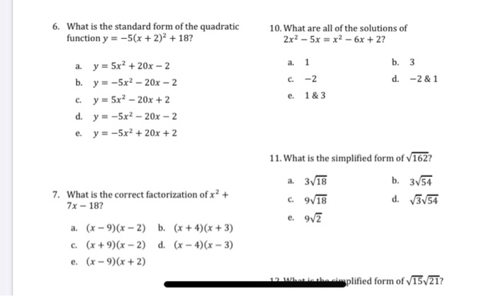 Solved 6 What Is The Standard Form Of The Quadratic Chegg Com