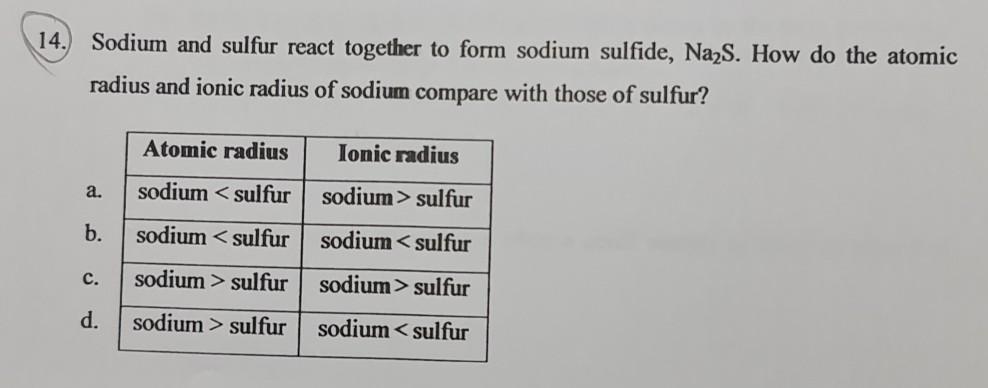 Solved 14. Sodium and sulfur react together to form sodium | Chegg.com